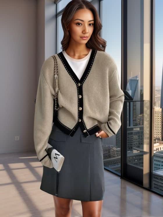 Beige knit V-neck cardigan with black trim and button front, long sleeves