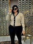 Khaki knit V-neck cardigan with black button placket and long sleeves