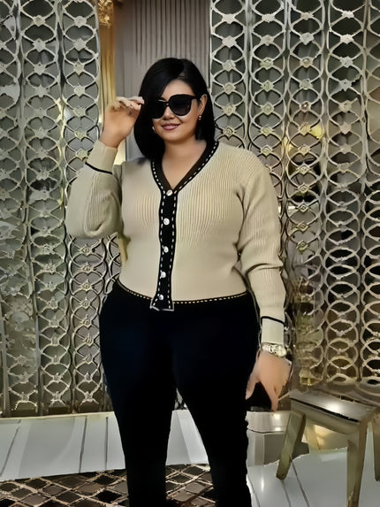 Khaki knit V-neck cardigan with black button placket and long sleeves