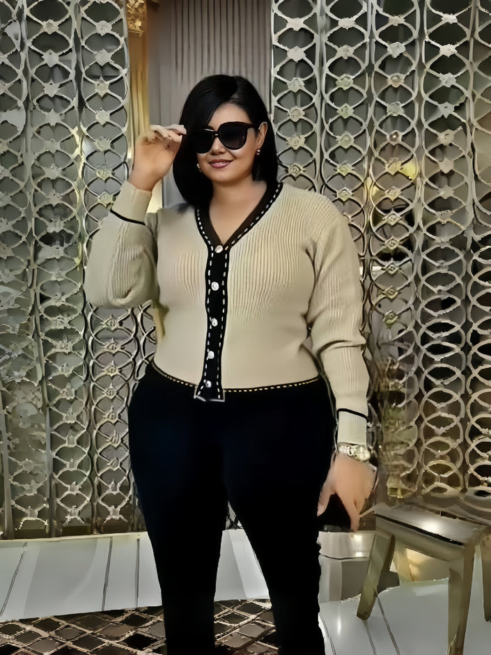 Khaki knit V-neck cardigan with black button placket and long sleeves