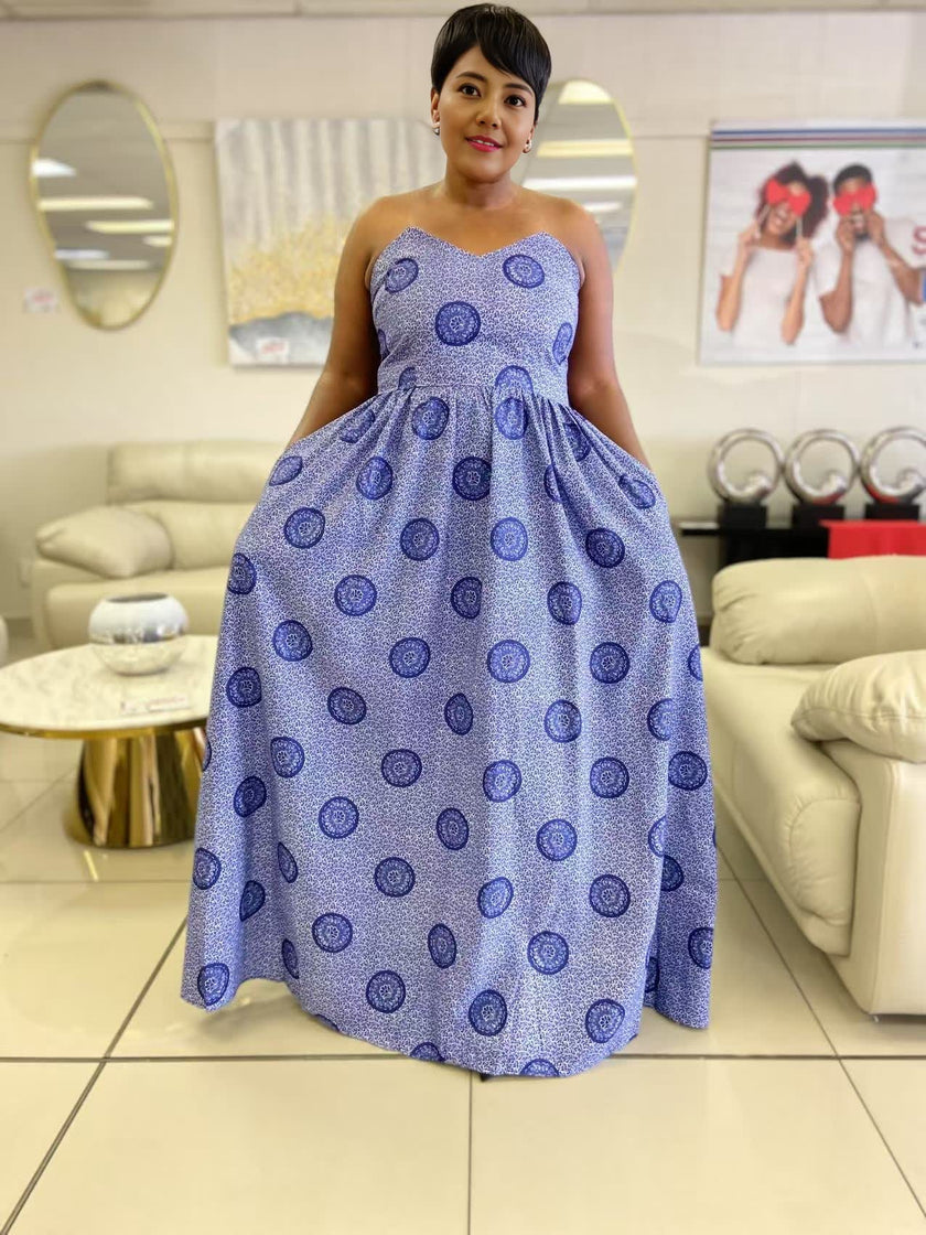 Women's Strapless Floor-Length Dress featuring circular patterns