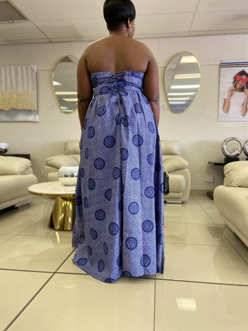 Women's Strapless Floor-Length Dress featuring circular patterns