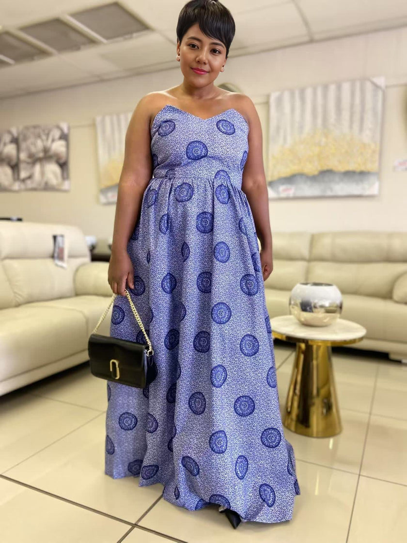 Women's Strapless Floor-Length Dress featuring circular patterns