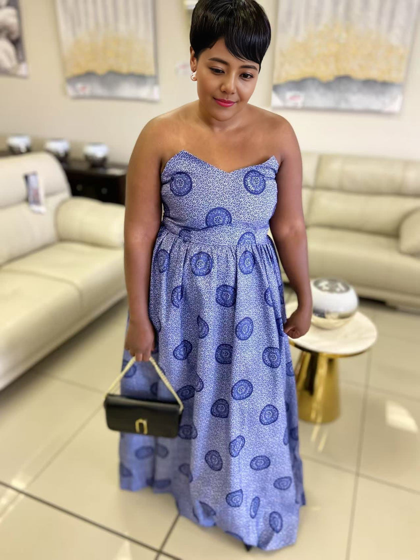 Women's Strapless Floor-Length Dress featuring circular patterns