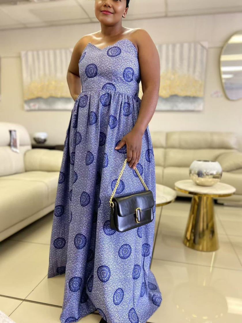 Women's Strapless Floor-Length Dress featuring circular patterns