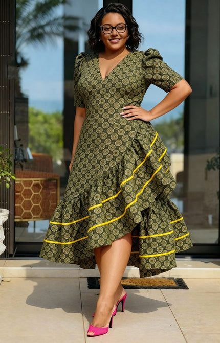 Ruffle high-low dress in green with yellow-trim tiered skirt, V-neck and short puff sleeves