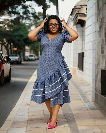 Ruffle high-low dress in blue with white stripe tiers, V-neck and short puff sleeves