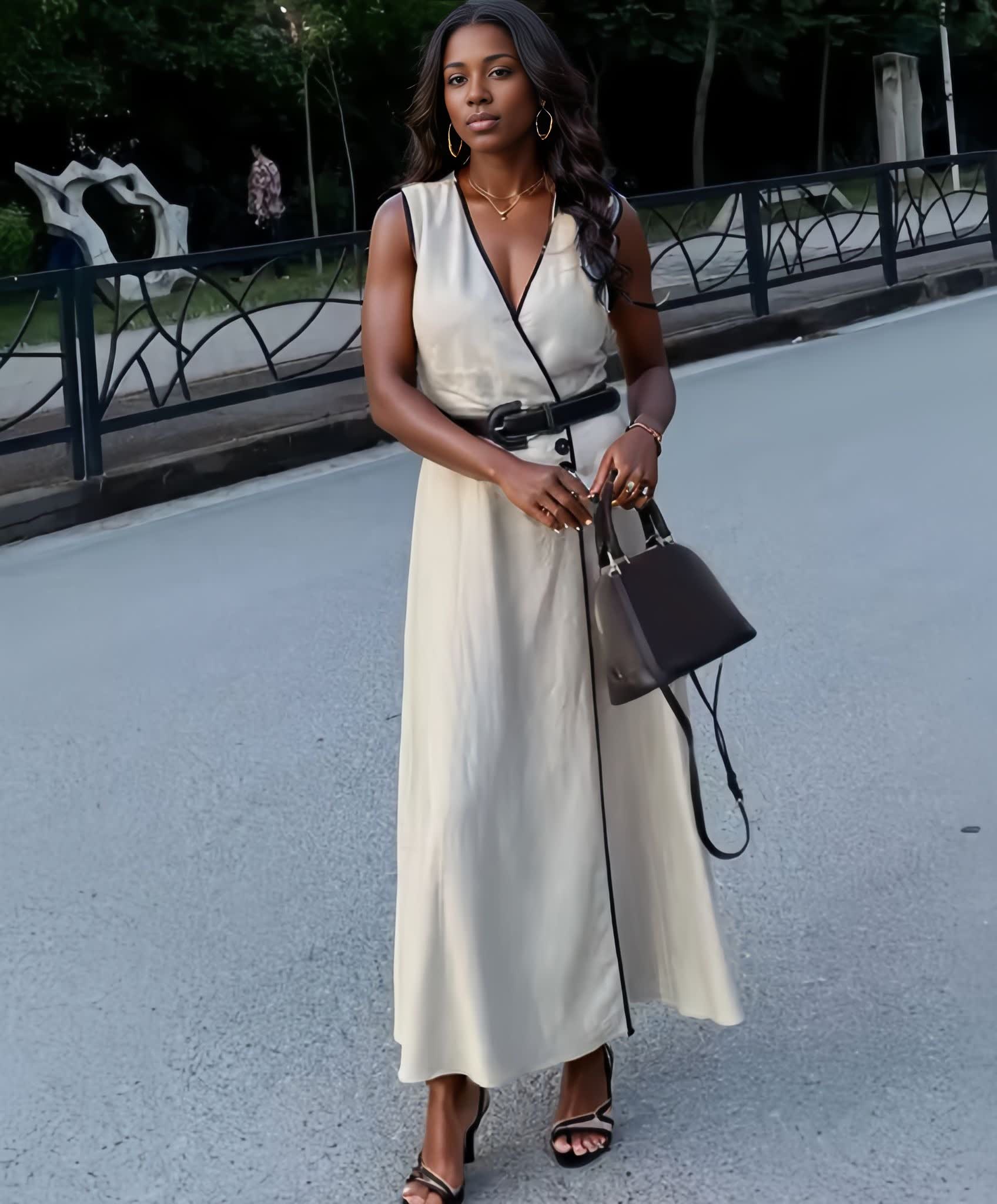 Beige sleeveless V-neck midi dress with button-front accent and belt