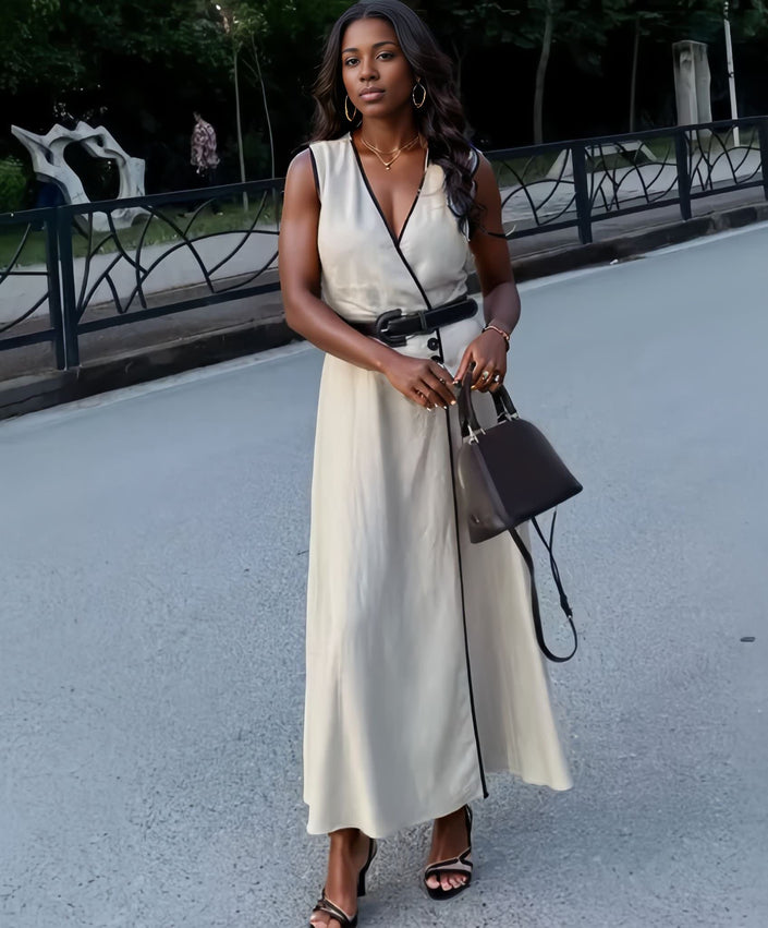Beige sleeveless V-neck midi dress with button-front accent and belt