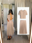 Beige pleated midi skirt knit cardigan set: button front short-sleeve cardigan