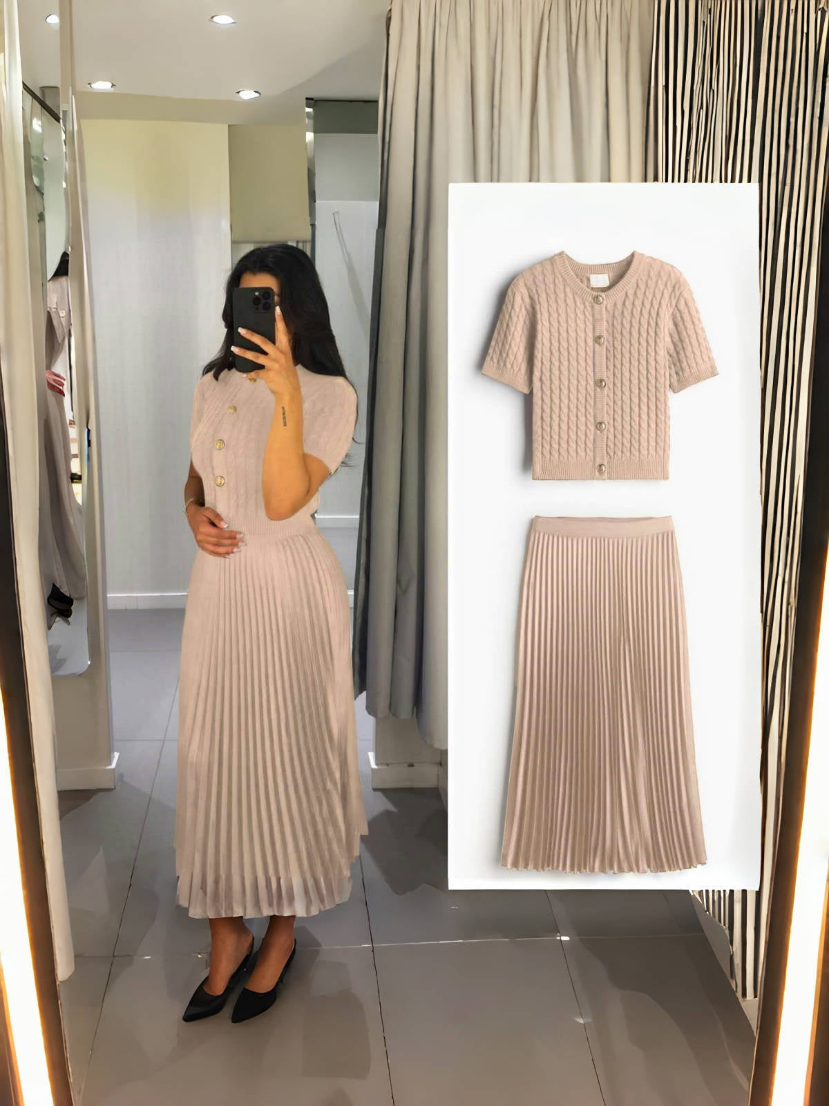 Beige pleated midi skirt knit cardigan set: button front short-sleeve cardigan