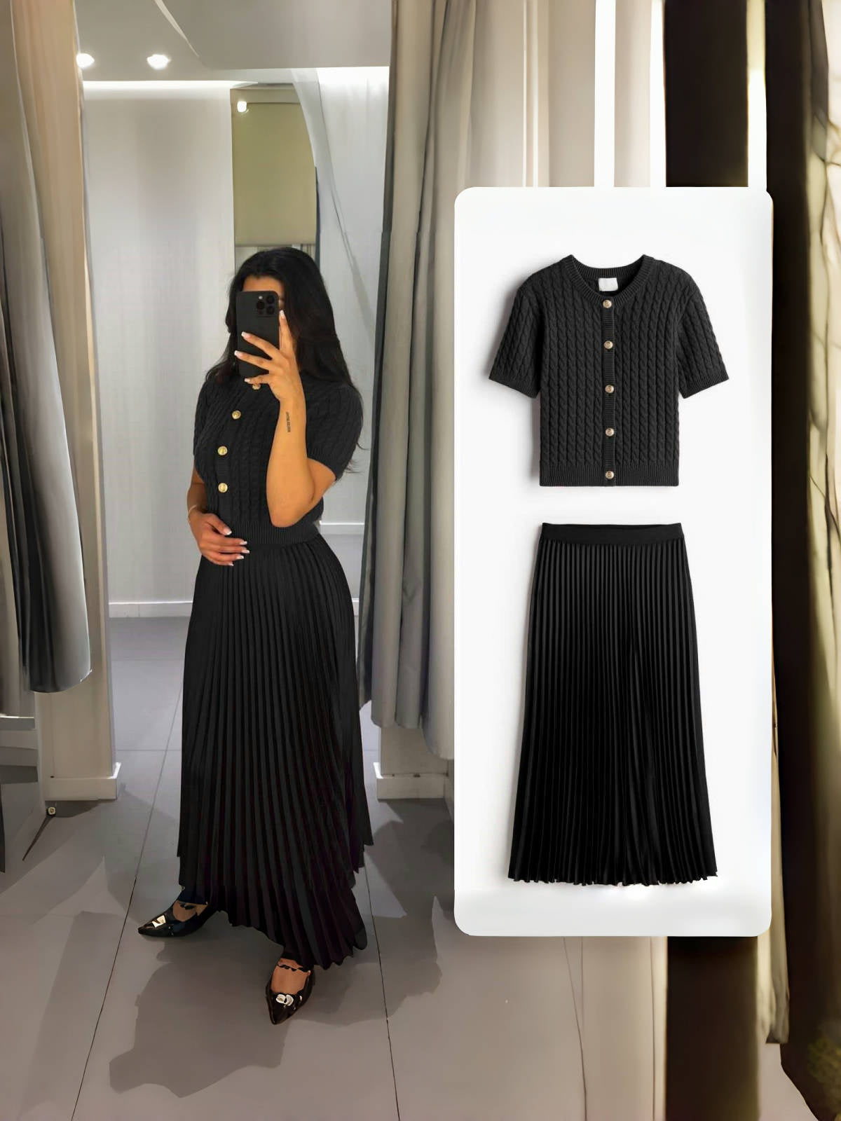 Black pleated midi skirt knit cardigan set: button front short-sleeve cardigan
