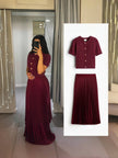 Maroon pleated midi skirt knit cardigan set: button front short-sleeve cardigan