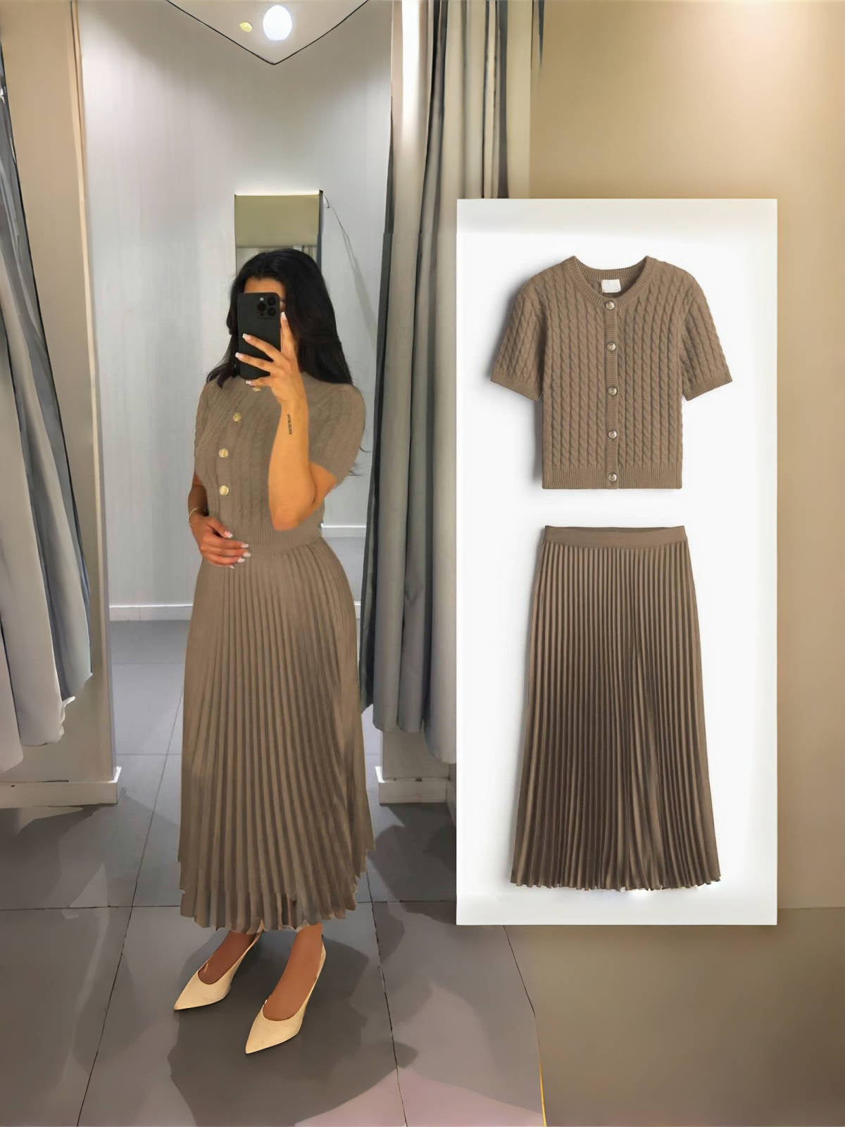 Khaki pleated midi skirt knit cardigan set: button front short-sleeve cardigan