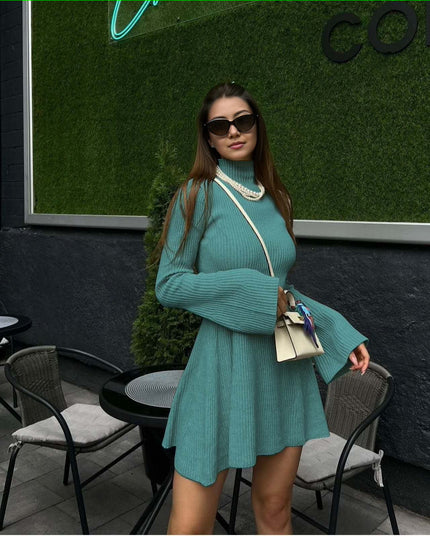 Mint-green ribbed knit dress with high neck, long sleeves, flared loose skirt