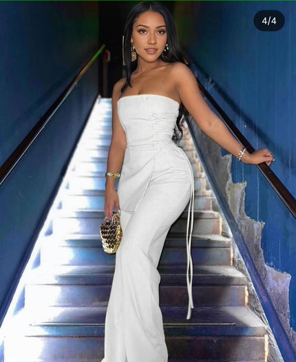 White strapless jumpsuit with ruched front, side tie drawstrings, wide legs
