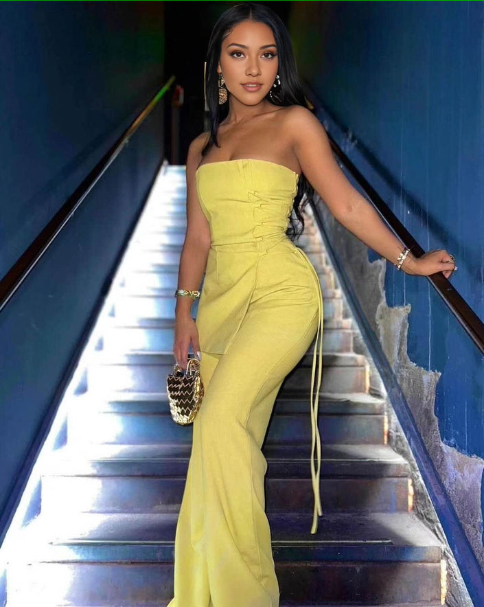 Yellow strapless jumpsuit with ruched bodice and side-tie wide-leg