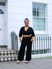 Black V-neck cropped top with wide-leg pant twin set, relaxed fit and draped waist
