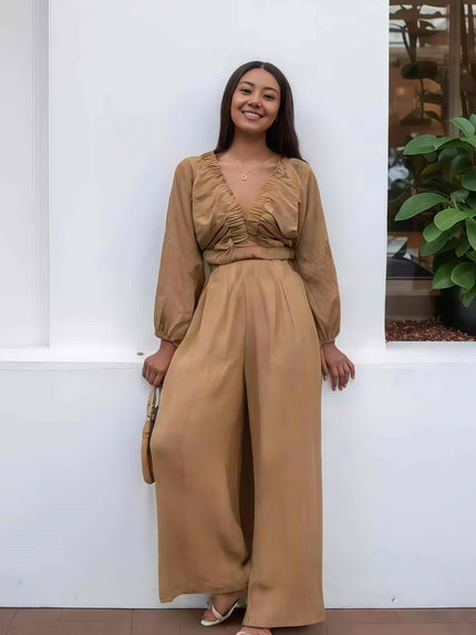 Tan V-neck long-sleeve crop top and wide-leg pants set