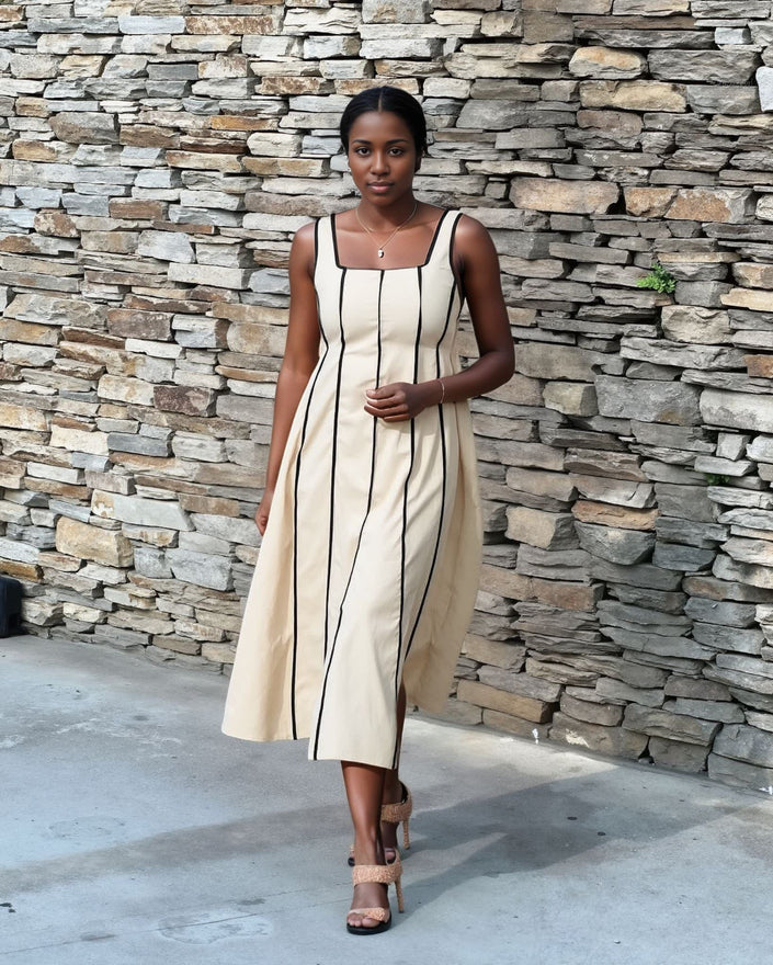 Tan sleeveless midi dress with square neckline and vertical black stripes