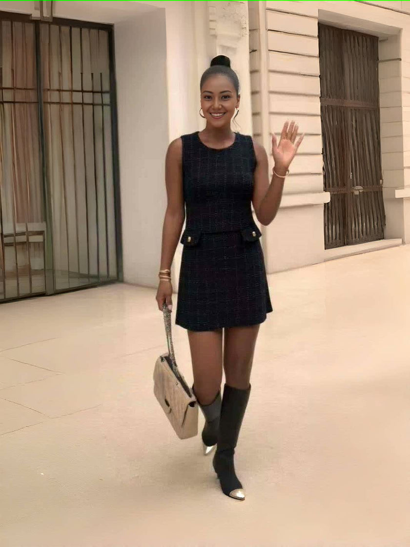 Elegant Sleeveless Mini Dress with Button Accents and Waist Pocket Design