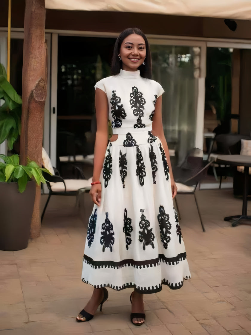 High Neck Sleeveless Dress with Black Pattern Cutout Design