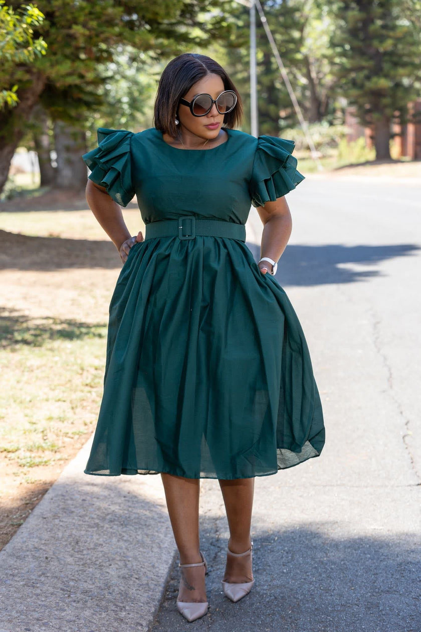 Belted vintage puff sleeve midi dress in dark teal, ruffle sleeves and belted waist