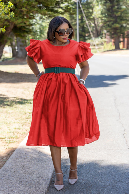 Belted vintage puff sleeve midi dress in red, layered puff sleeves and waist belt