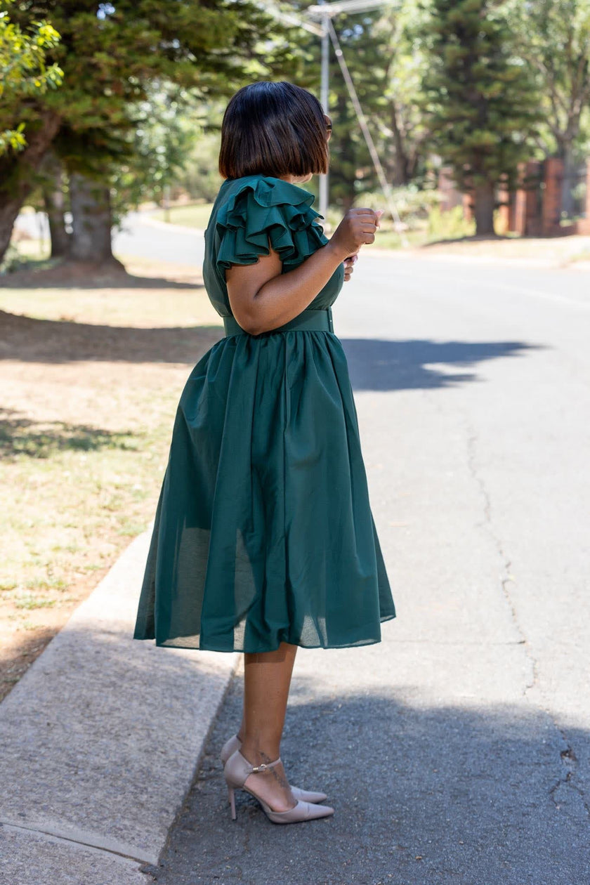 Vintage Style Puff Sleeve Dress with Cinched Waist and Elegant Midi Skirt