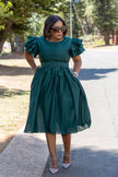 Belted vintage puff sleeve midi dress in dark teal, tiered ruffle sleeves and waist belt