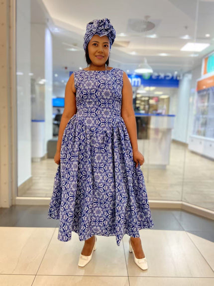 Blue geometric midi dress, sleeveless loose fit with gathered waist