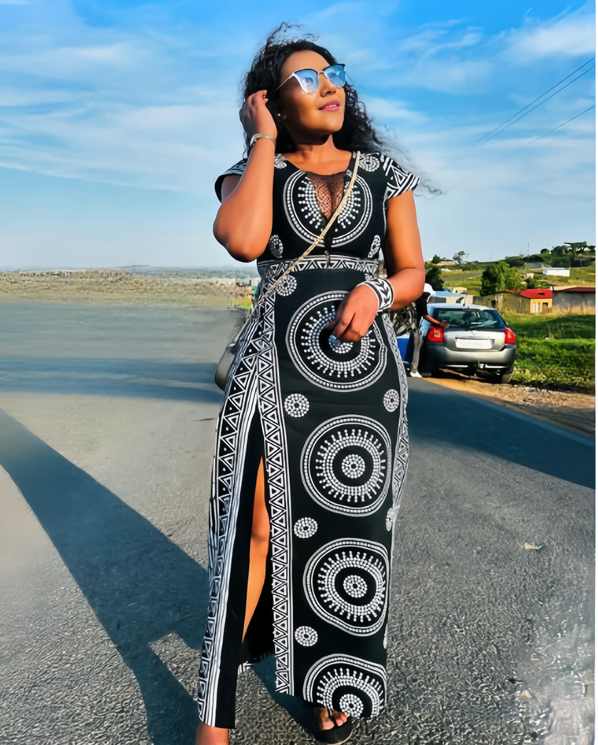 Geometric Pattern Slit Design Ethnic Dress