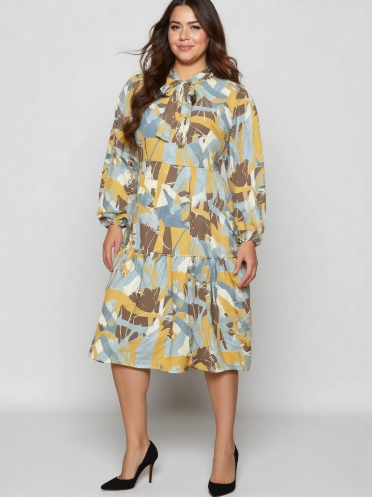 Tiered Abstract Print Midi Dress with Bow Tie Neck and Long Sleeves