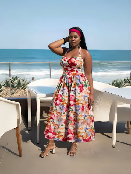 Halter-neck floral maxi dress in red, pink, blue, and white with gathered waist