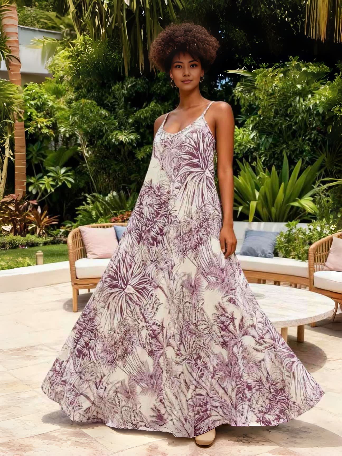 Maxikleid mit tropischem Blätterprint, ärmellos, Spaghettiträgern und weitem, fließendem Saum