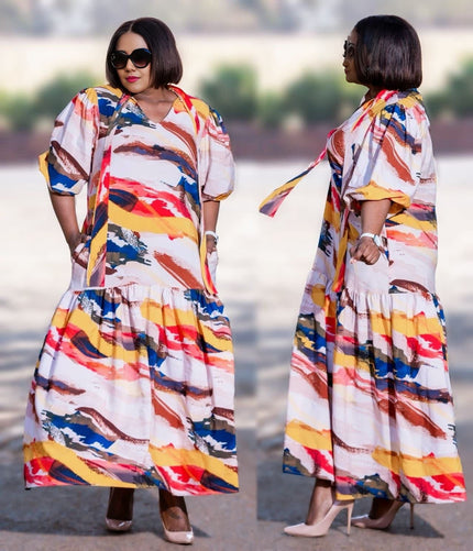 Midi Dress Loose Fit Abstract Brushstroke Print Chic