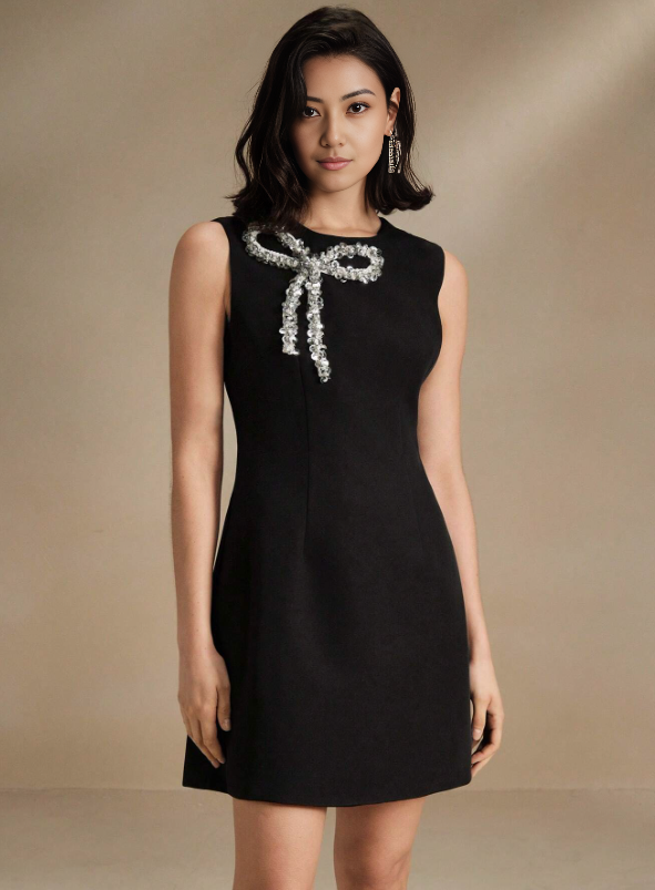 Black sleeveless mini dress with jewel bow brooch at neckline