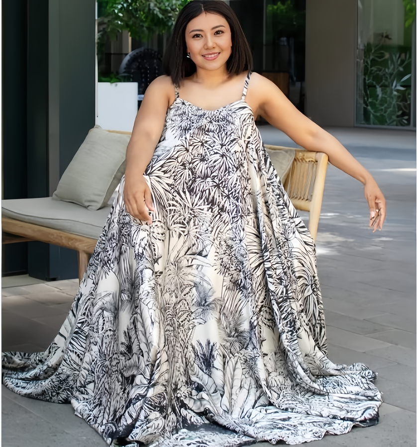 Women's Sleeveless Maxi Dress with Tropical Leaf Print