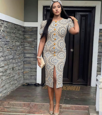 Ethnic puff sleeve midi dress with front slit, beige patterned fabric with blue and gold tones
