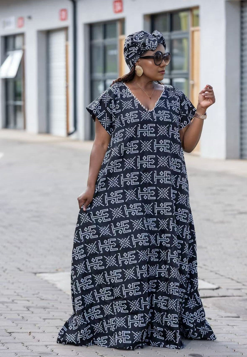 Ethnic Style Dress, Loose Oversized V-Neck Long Dress, Geometric Pattern