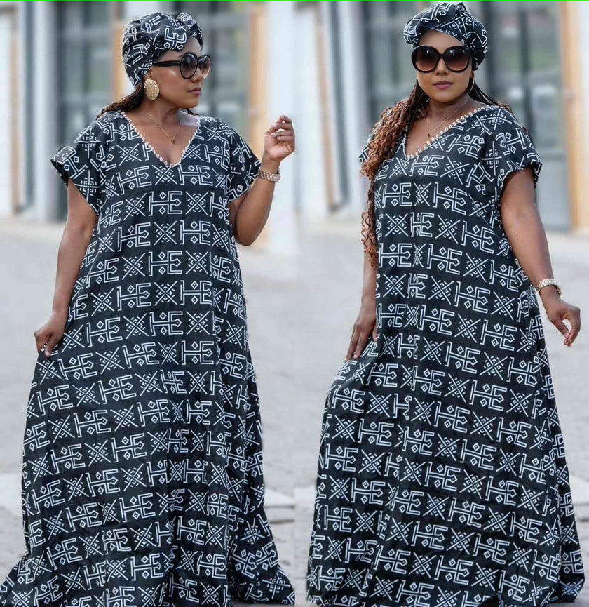 Ethnic Style Dress, Loose Oversized V-Neck Long Dress, Geometric Pattern