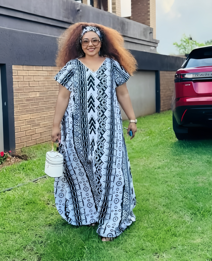 Ethnic Style Geometric Pattern Loose Long Dress, V-Neck Short Sleeve Design