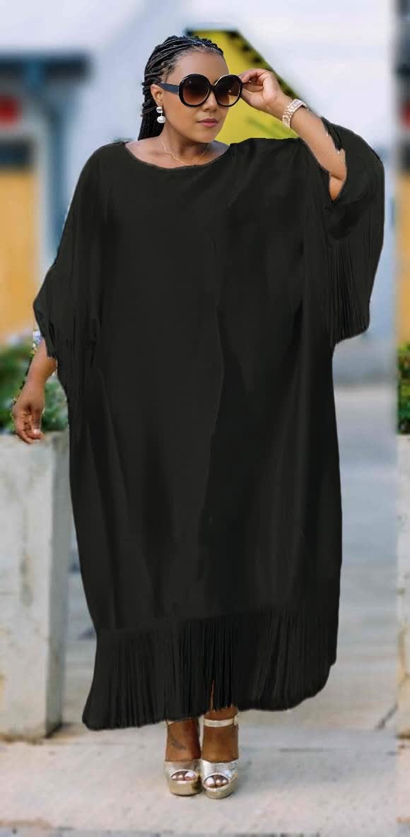 Plus size fringe maxi dress, black loose fit with long fringe hem