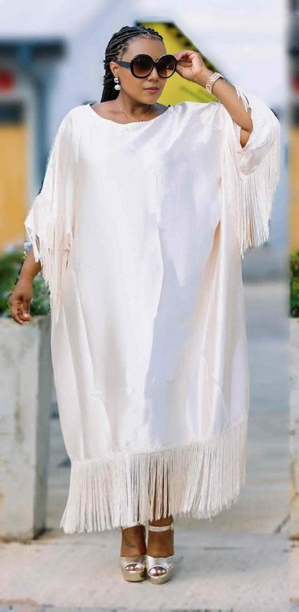 Plus size fringe maxi dress, white loose fit with long fringe hem