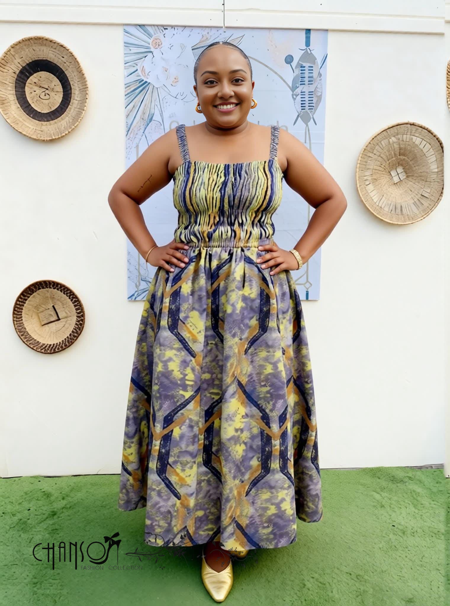 Dress Smocked African Print Midi Chic Casual