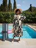 Tropical Printed Long-Sleeve Dress with V-Neck and Waist Tie