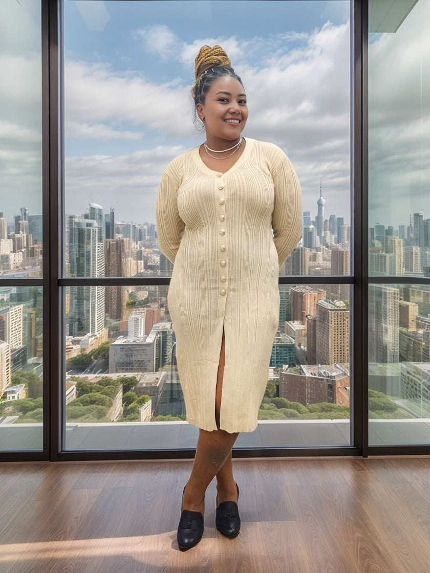 Knitted Long-Sleeve Cardigan Dress with Button Decoration and Front Slit