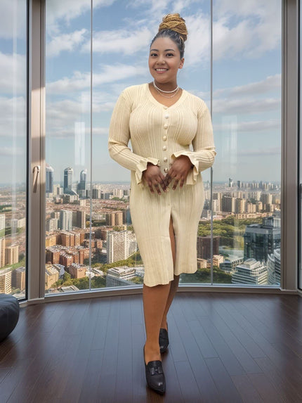 Cream ribbed knit cardigan midi dress with V-neck, long sleeves, button front, side slit