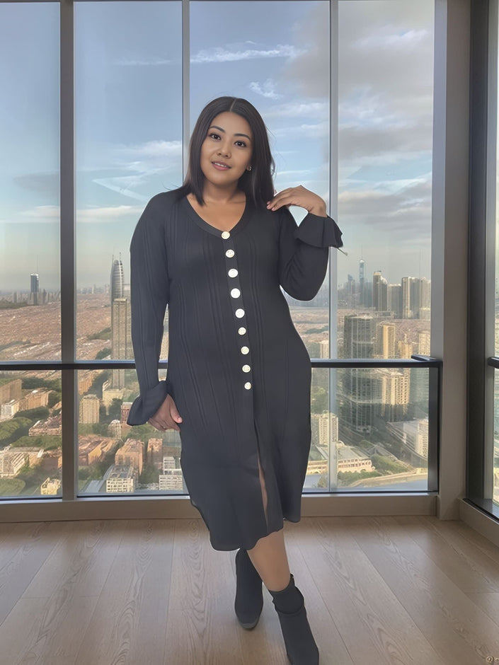 Black knit cardigan midi dress with long sleeves, button front, and side slit hem