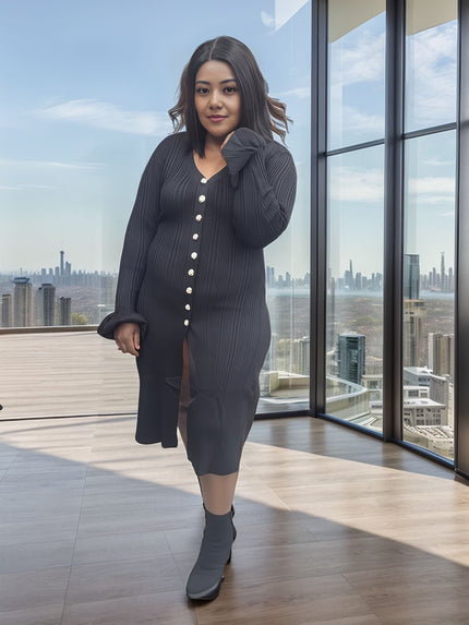 Black knit cardigan midi dress with long sleeves, button front, and side slit